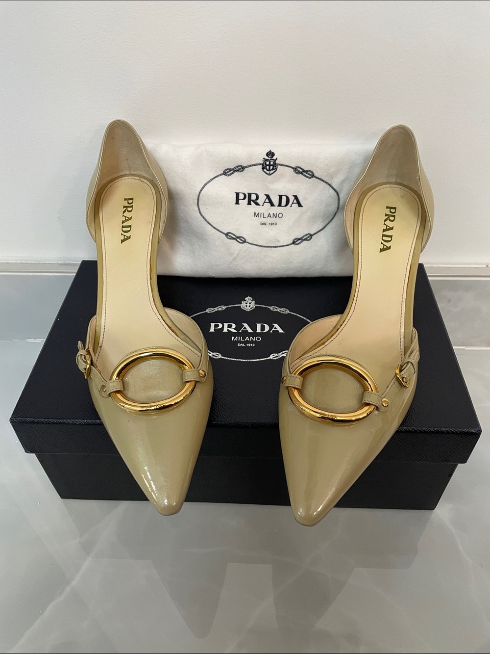Prada Beige Patent Leather Pointed Toe Pumps with Gold Ring